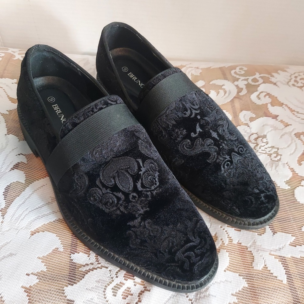 Bruno Marc Mens Black Velvet Paisley Embossed Loafers Slip On Dress Shoes 9